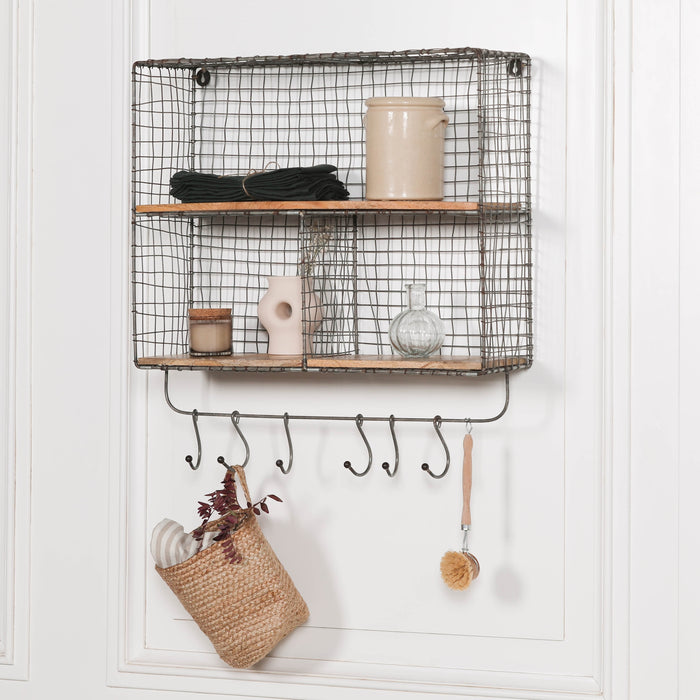 Iron Wire 3 Compartment Wall Shelf with Mango Wood Shelves and Hooks