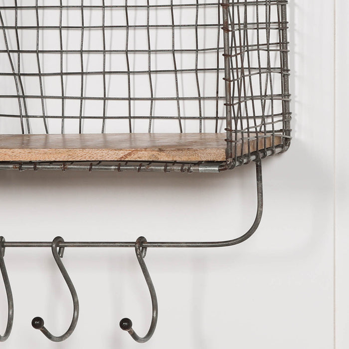 Iron Wire 3 Compartment Wall Shelf with Mango Wood Shelves and Hooks