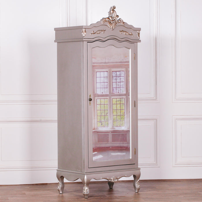 French Silver Single Door Armoire With Mirrored Door