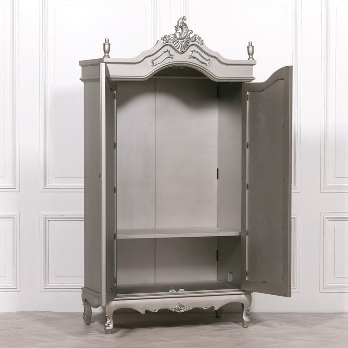 French Antique Silver Double Mirrored Door Armoire Wardrobe