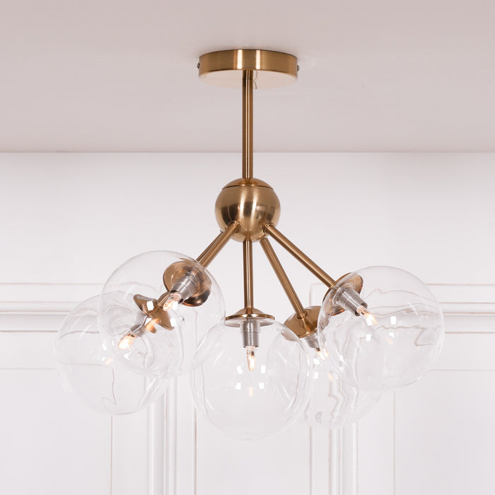 Satin Gold Art Deco 5 Arm Sputnik Glass Ball Ceiling Light