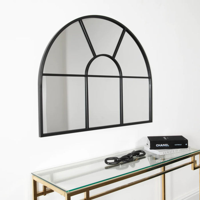 Arched Black Metal Grid Mirror