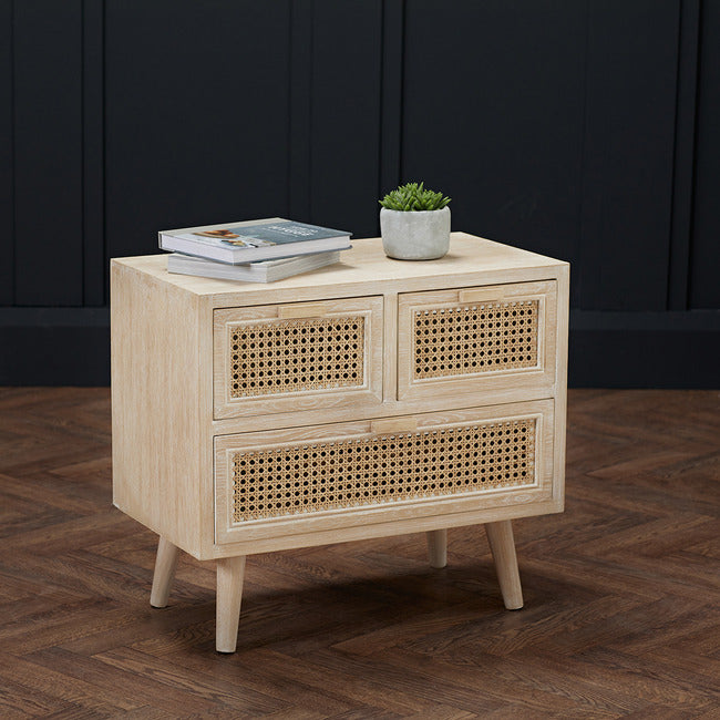 Toulouse 3 Drawer Padstow Bedside Cabinet Light Washed Oak with Rattan Style Panels