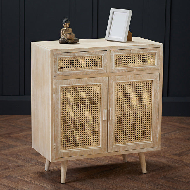 Toulouse 2 Door 2 Drawer Padstow Sideboard Light Washed Oak with Rattan Style Panels