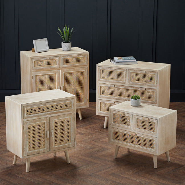 Toulouse 2 Door 2 Drawer Padstow Sideboard Light Washed Oak with Rattan Style Panels