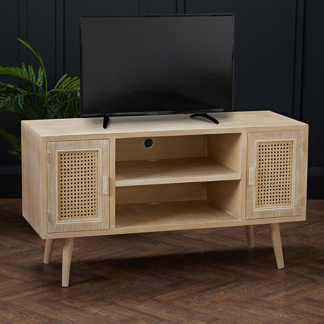 Toulouse 2 Door 2 Shelf Padstow TV Entertainment Stand Light Washed Oak with Rattan Style Panels