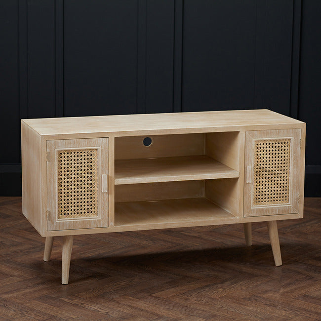 Toulouse 2 Door 2 Shelf Padstow TV Entertainment Stand Light Washed Oak with Rattan Style Panels