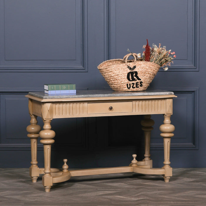 White Cedar Wood Hand Crafted Painted Console Table with Stone Marble Top and Drawer