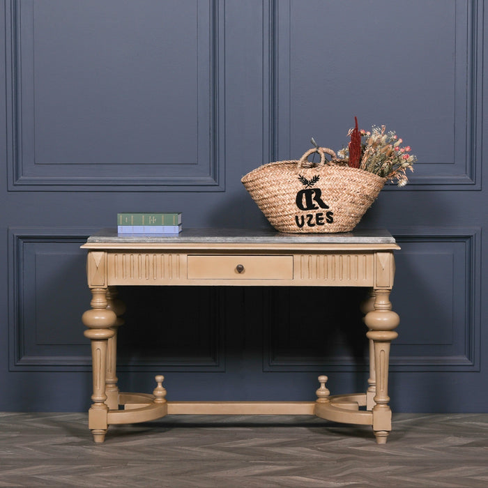 White Cedar Wood Hand Crafted Painted Console Table with Stone Marble Top and Drawer