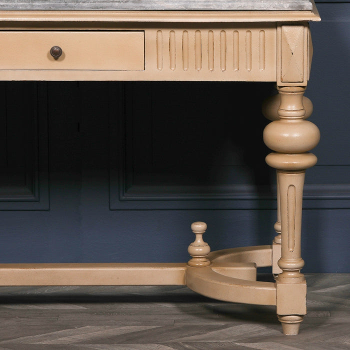 White Cedar Wood Hand Crafted Painted Console Table with Stone Marble Top and Drawer