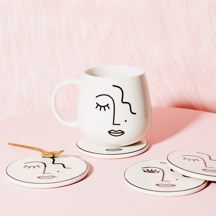 Abstract Face White Porcelain Coasters - Set Of 4