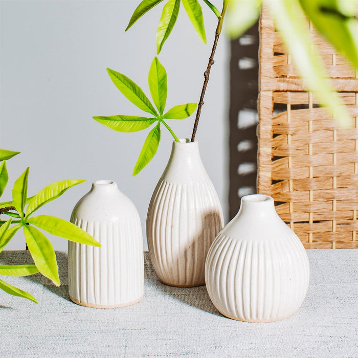 White Grooved Bud Vases - Set Of 3