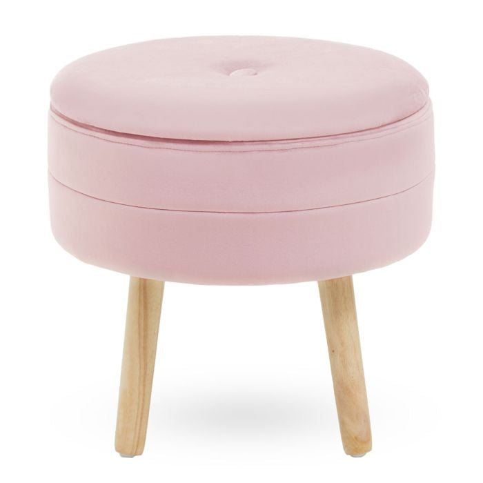 Velvet Storage Footstool with Rubberwood Legs